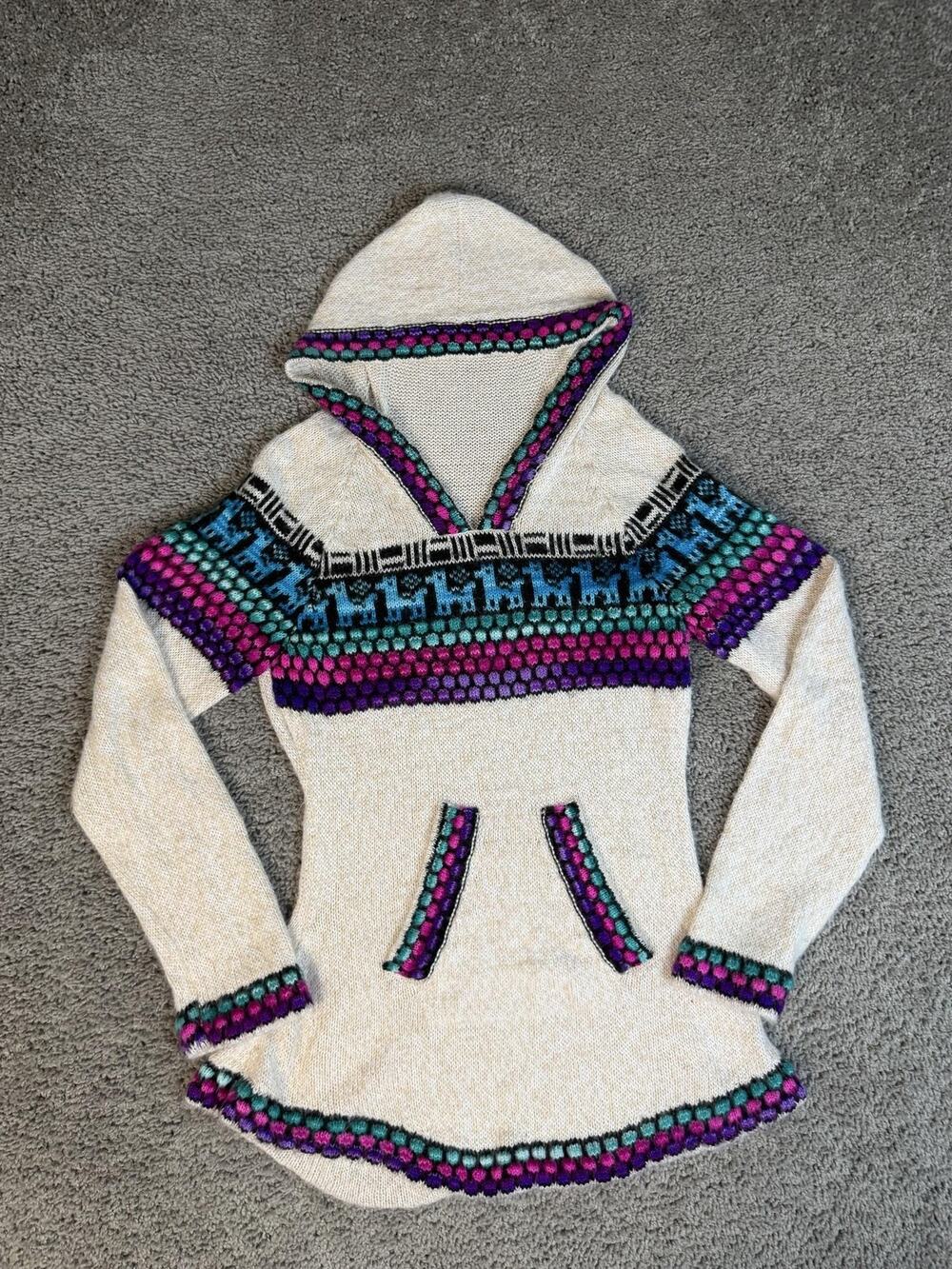 Albinaas Sweater Pullover Womens S White Alpaca Hooded Pockets Fair Isle